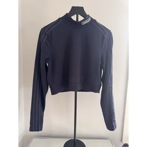 Adidas Cropped Sweatshirt Women XL Ribbed Mock Neck 3 Stripe Navy